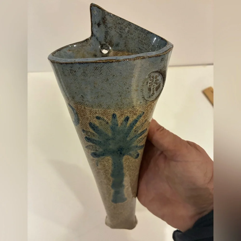 Pottery Wall Pocket Vase Blue Palm Tree with Brown Blue Backdrop S.C. Tree/Moon